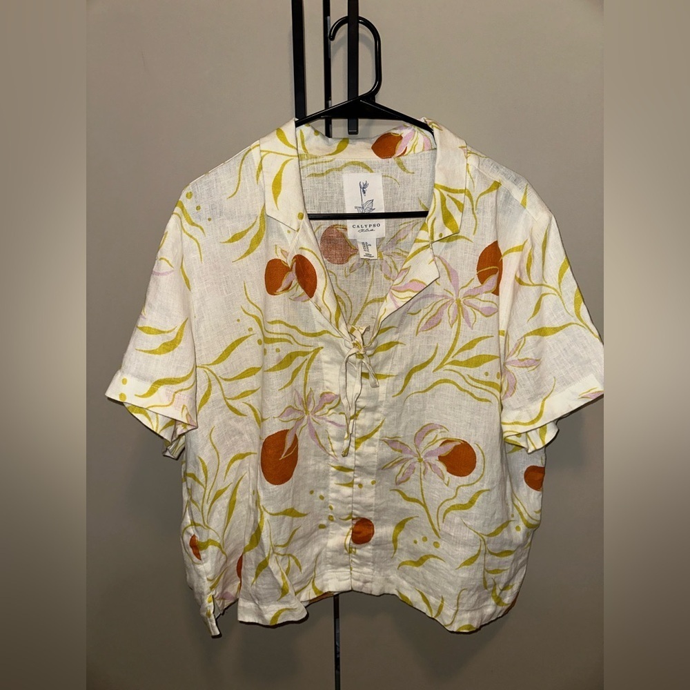 NWOT Calypso St Barth 100% Linen Women's Floral Button-Up Top Size XL